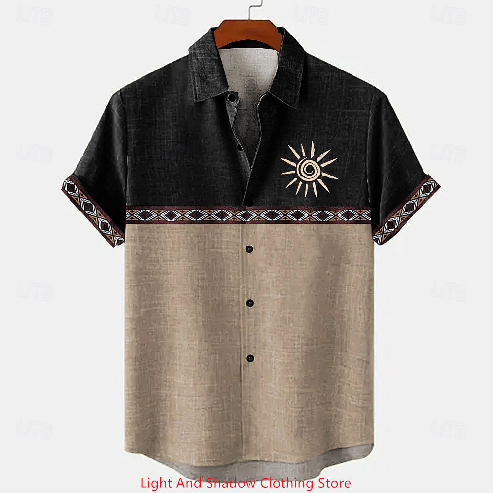 Short-sleeve Patterned Shirt With Printed Buttons And Short-sleeve Patchwork