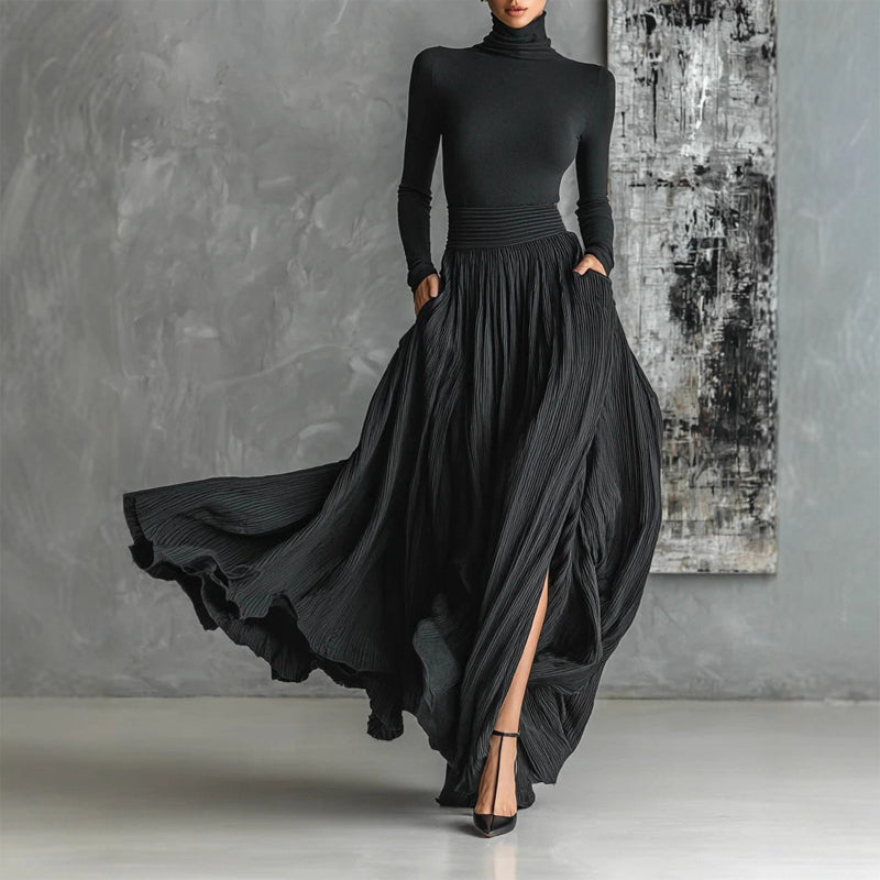 Women's Elegant High-Neck Sweater And Skirt Set - Solid Color With Slit Hem, Cozy Two-Piece Outfit For Fall Winter Casual Chic