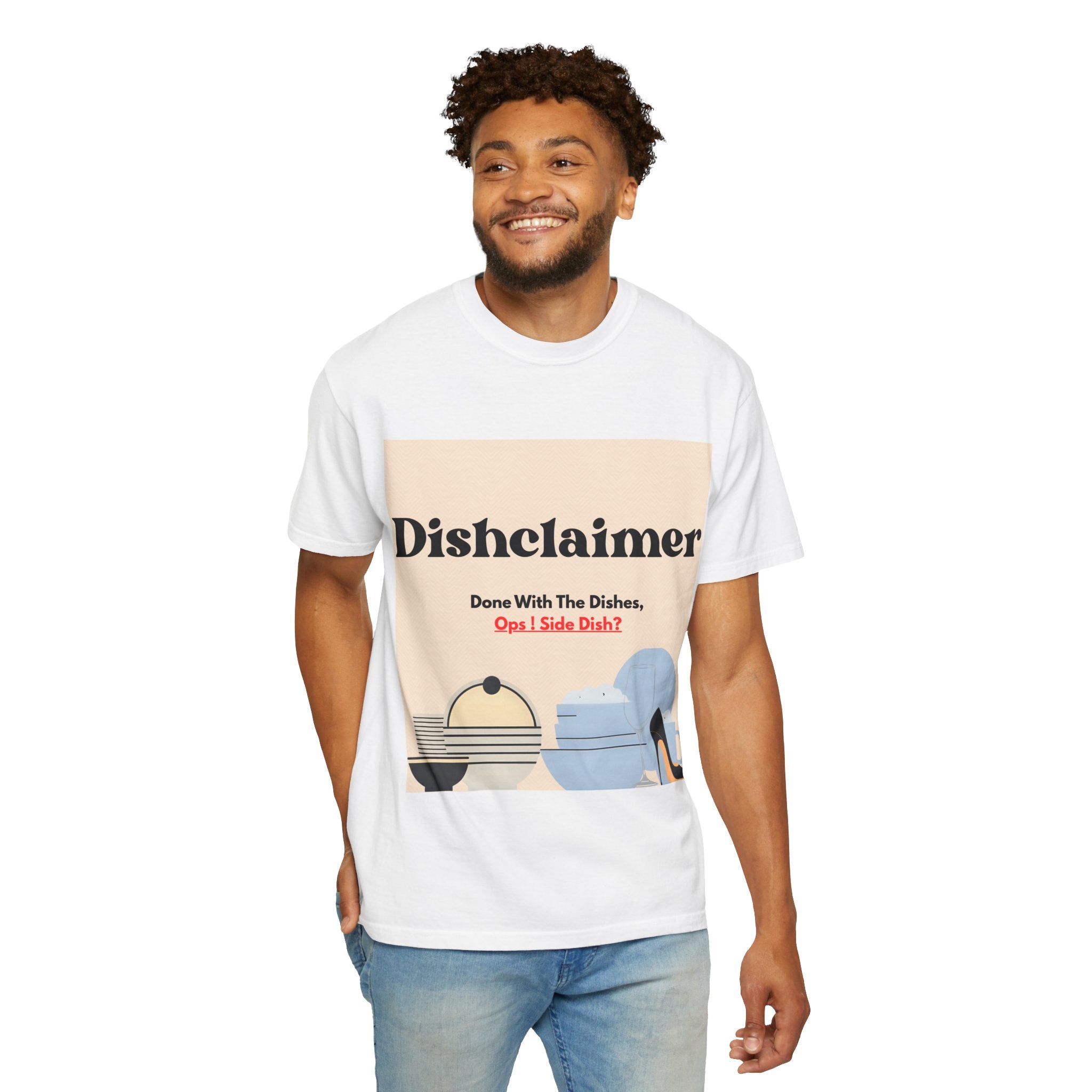 Dishclaimer graphic T-shirt | retro kitchen dishes illustration
