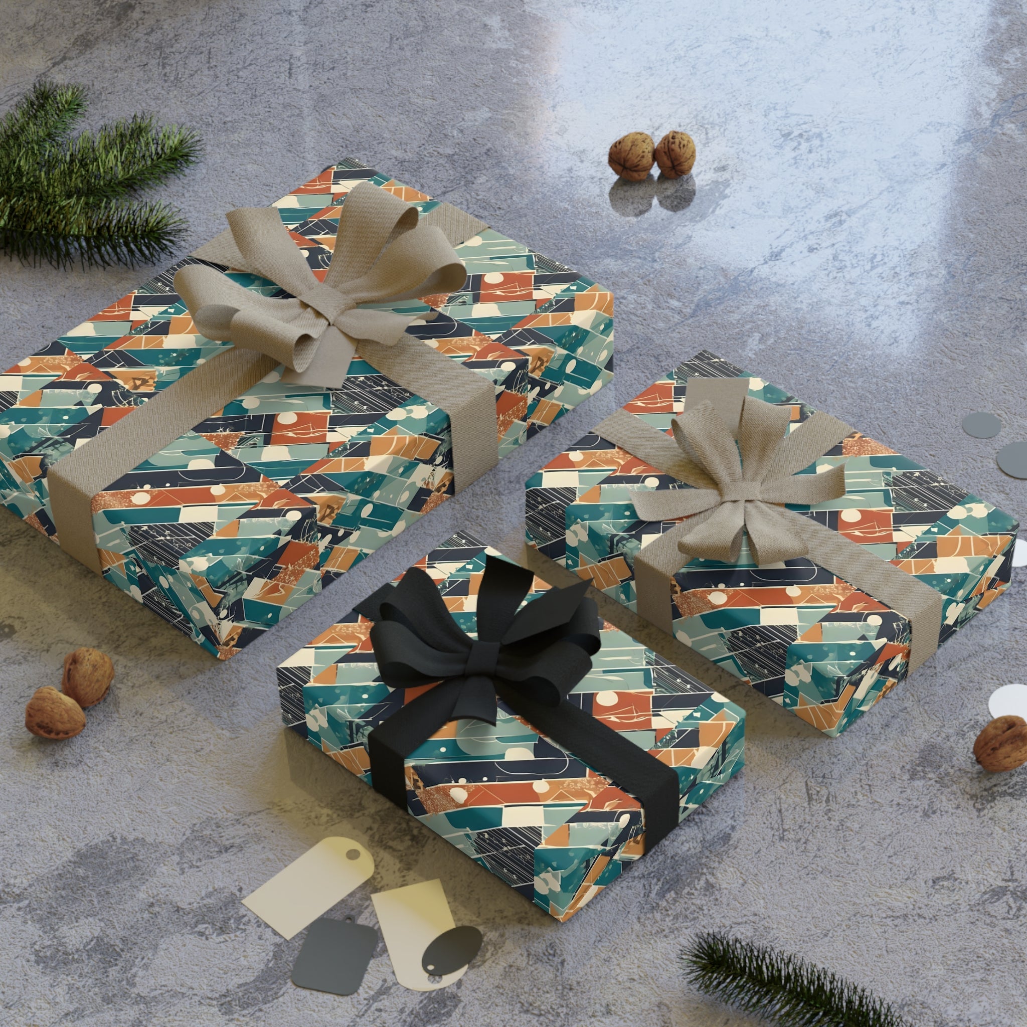 Geometric Retro Plaid Gift Wrap Roll — Vintage Teal & Rust Wrapping Paper