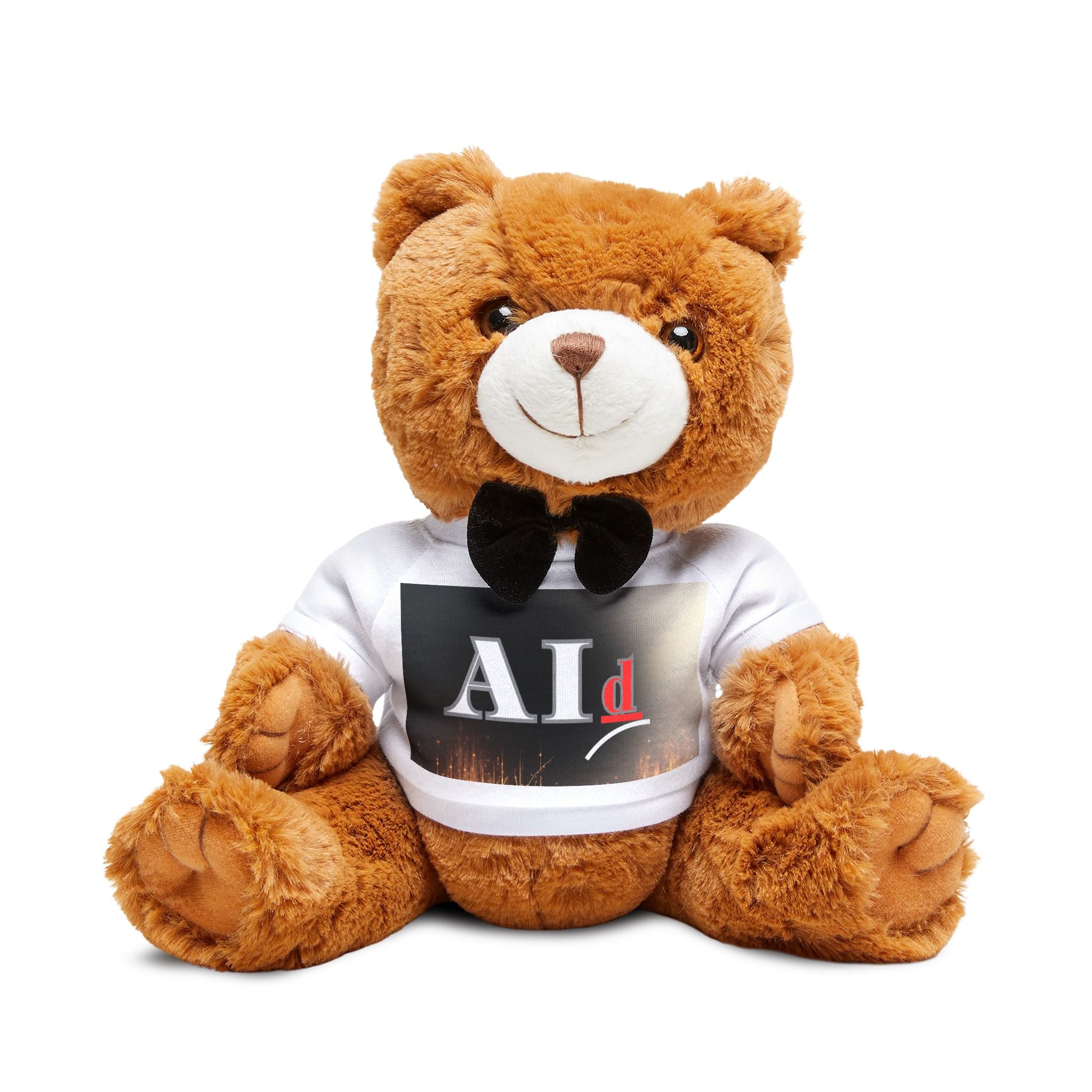 AI-Themed Brown Teddy Bear with Personalized T‑Shirt & Bow Tie — Custom Message Plush Gift for Anniversaries, Baby Showers & Kids