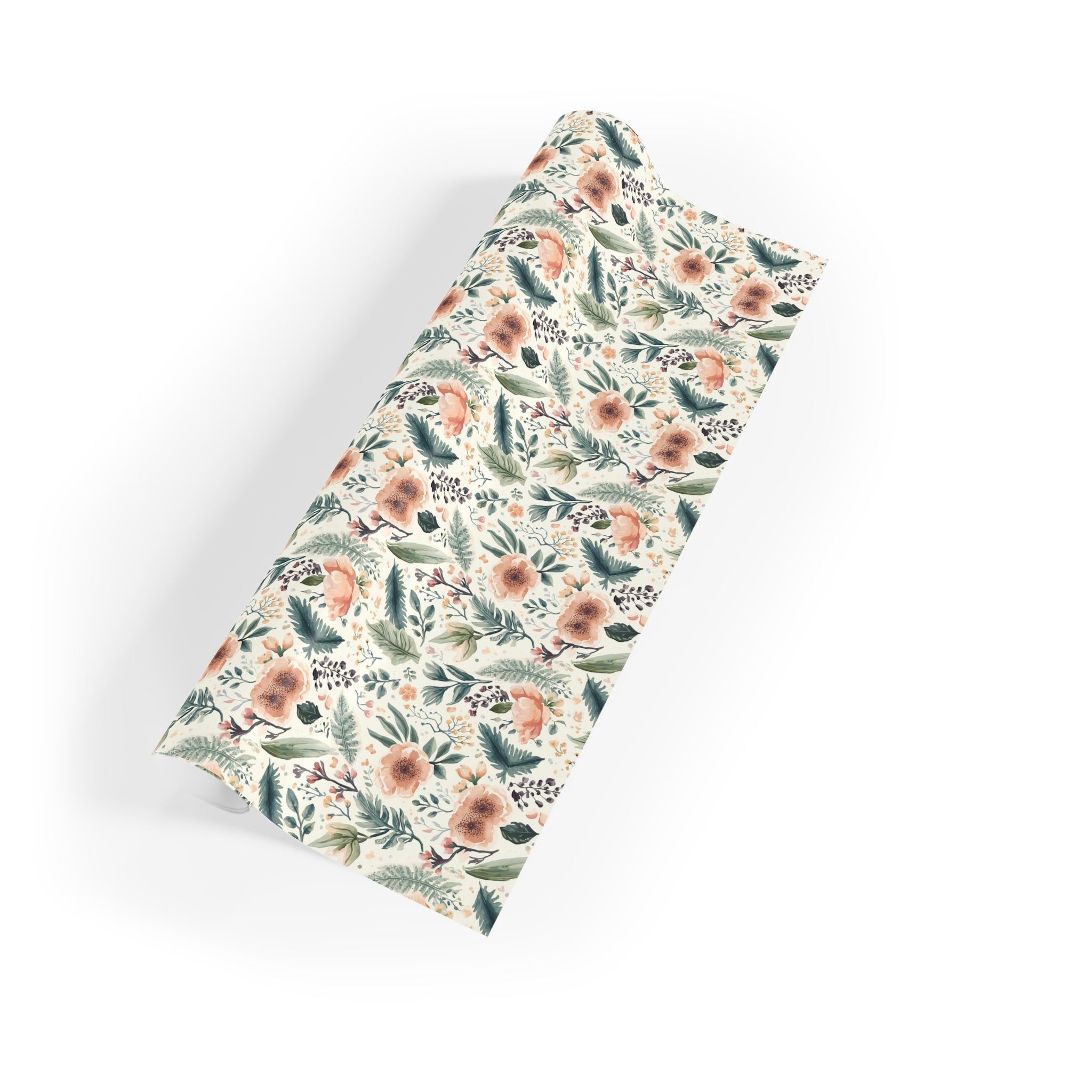 Floral Watercolor Gift Wrap Roll — Peach & Green Vintage Flower Wrapping Paper