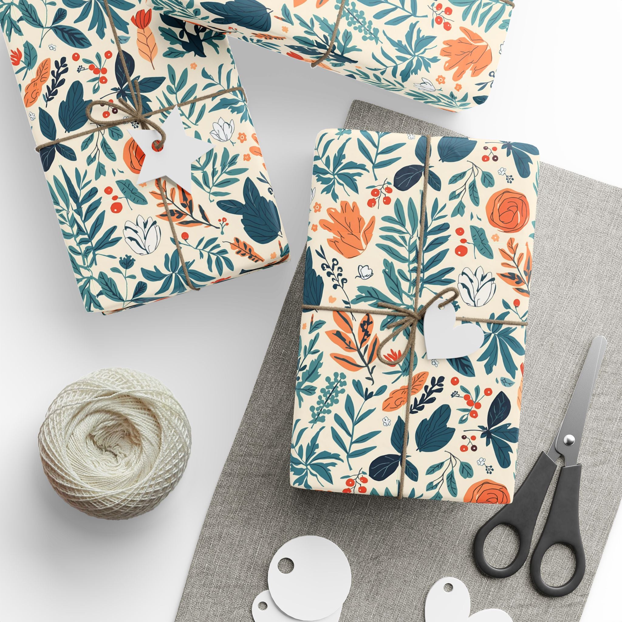 Floral Foliage Gift Wrap — Botanical Orange & Teal Wrapping Paper