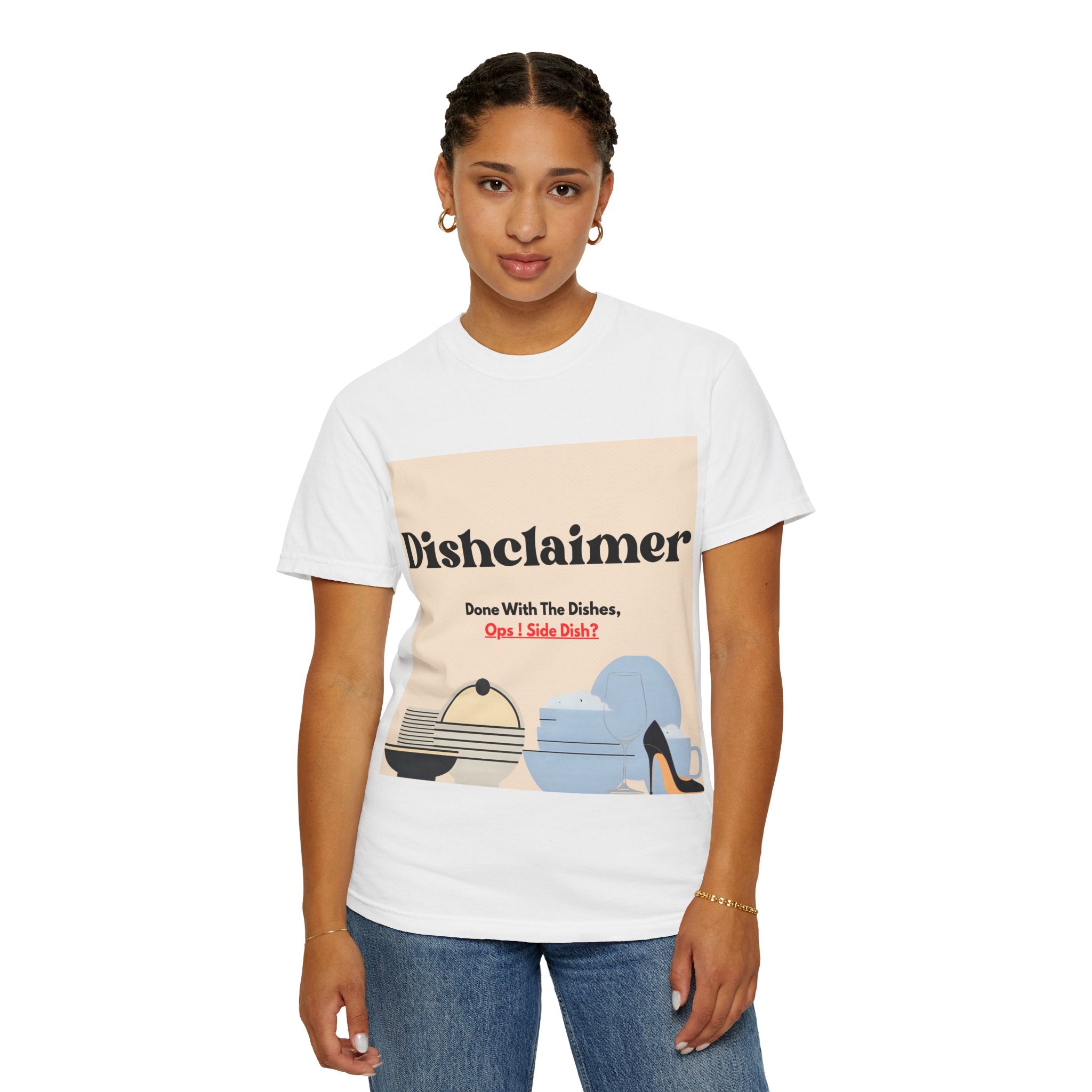 Dishclaimer graphic T-shirt | retro kitchen dishes illustration