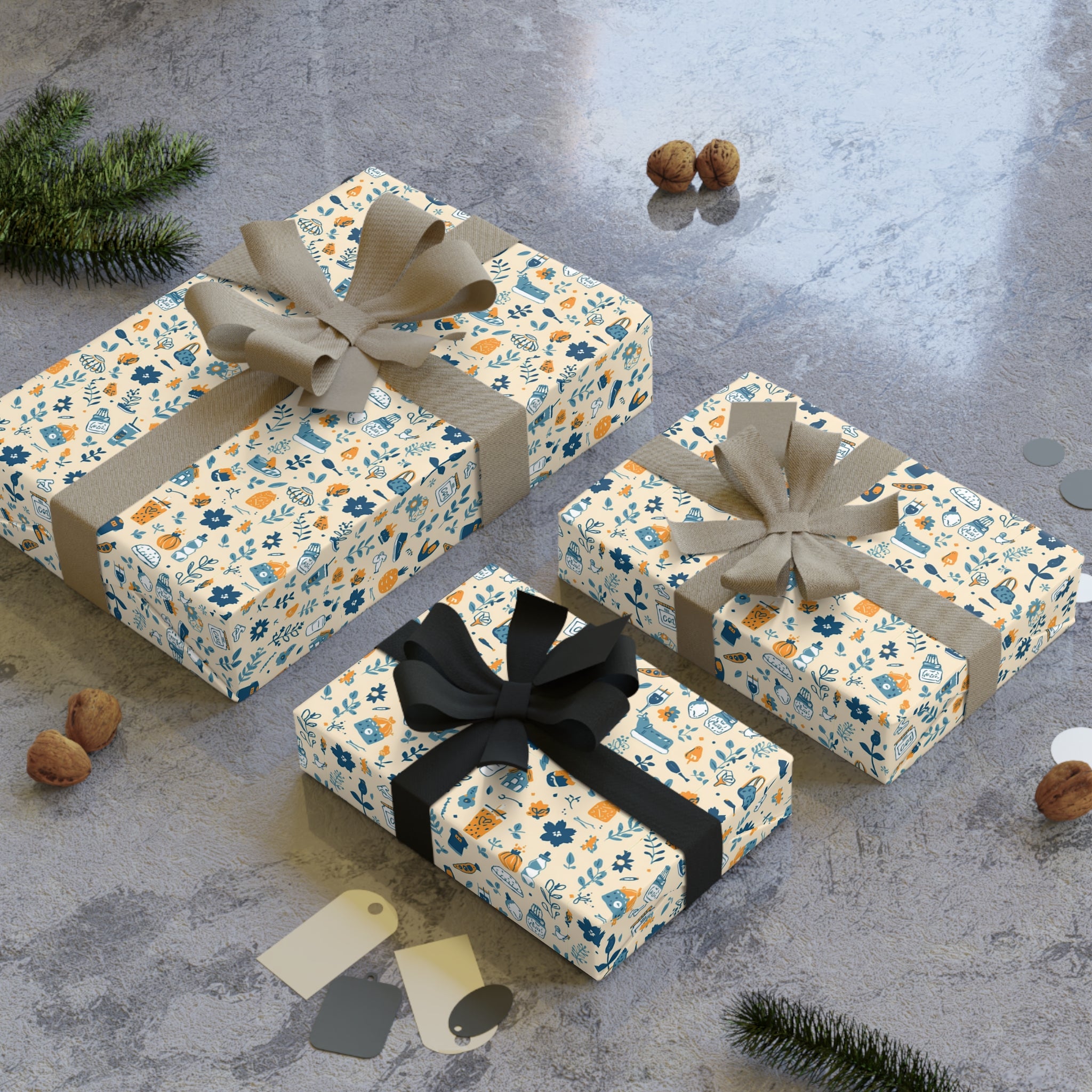 Floral Ditsy Gift Wrap Roll — Vintage Blue & Mustard Wrapping Paper