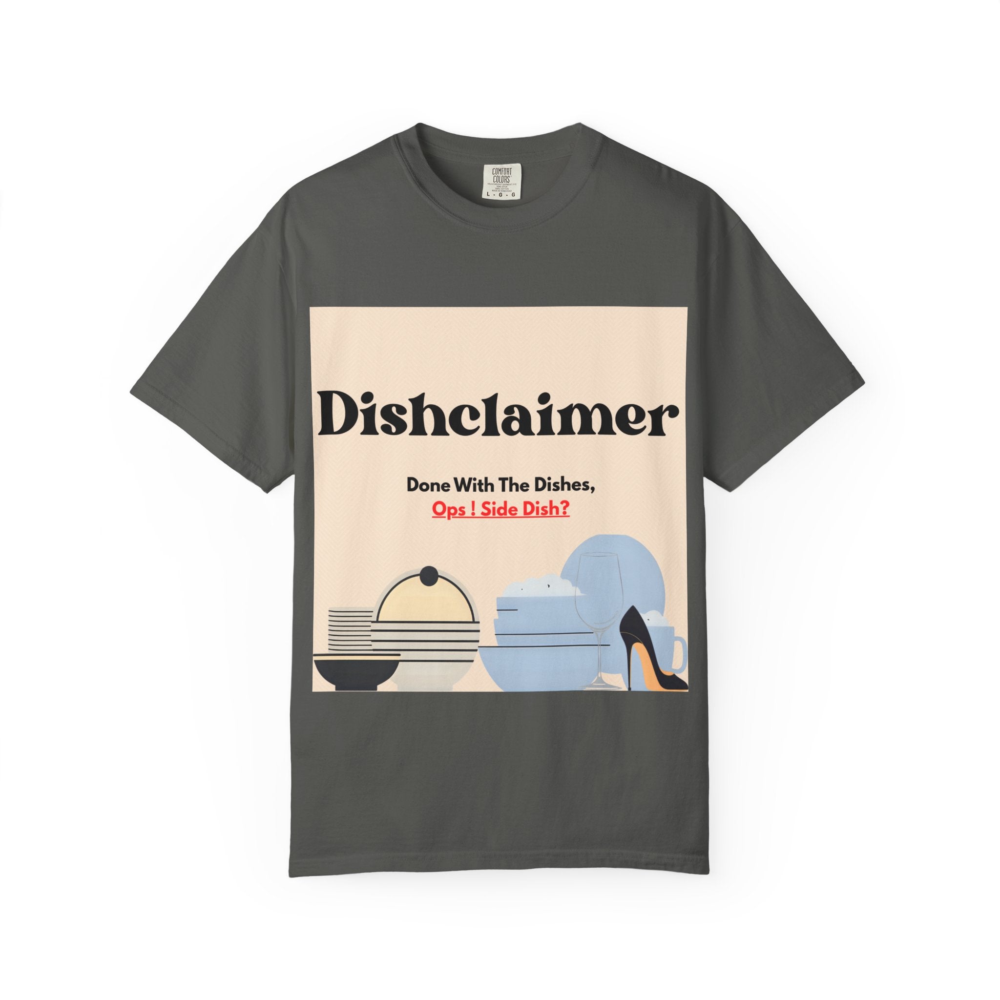 Dishclaimer graphic T-shirt | retro kitchen dishes illustration