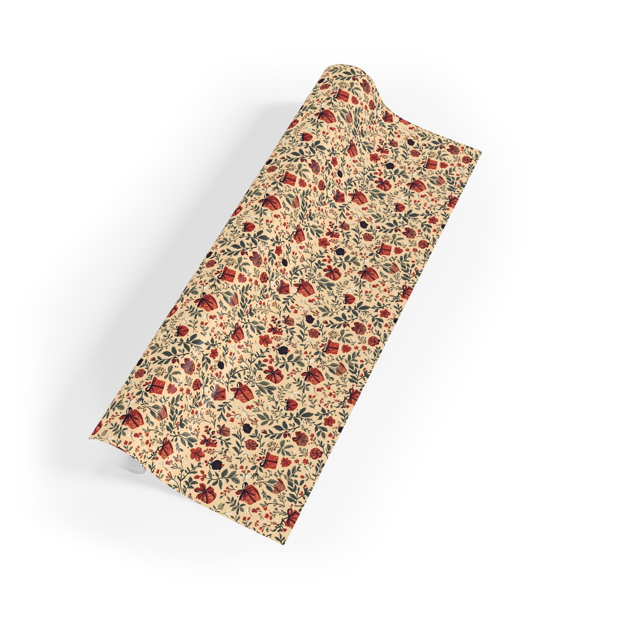 Floral Vintage Gift Wrap Roll — Red Rose & Green Leaf Pattern