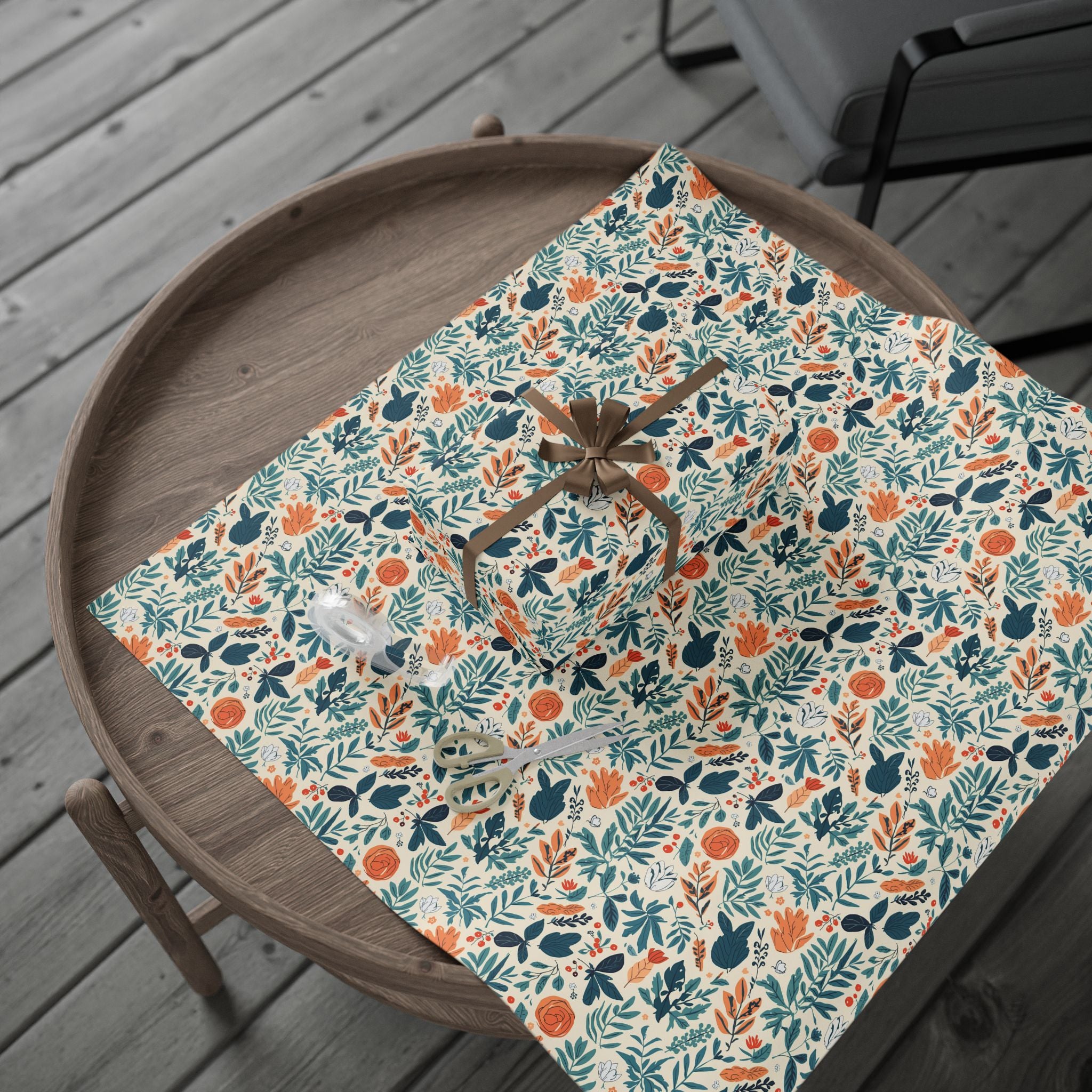 Floral Foliage Gift Wrap — Botanical Orange & Teal Wrapping Paper