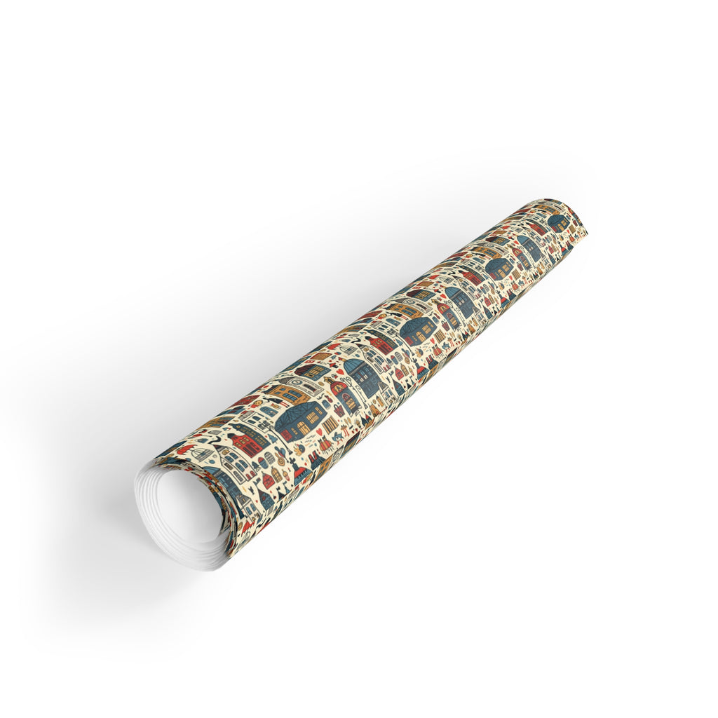 Christmas Village Gift Wrap Roll — Retro Holiday Houses Wrapping Paper
