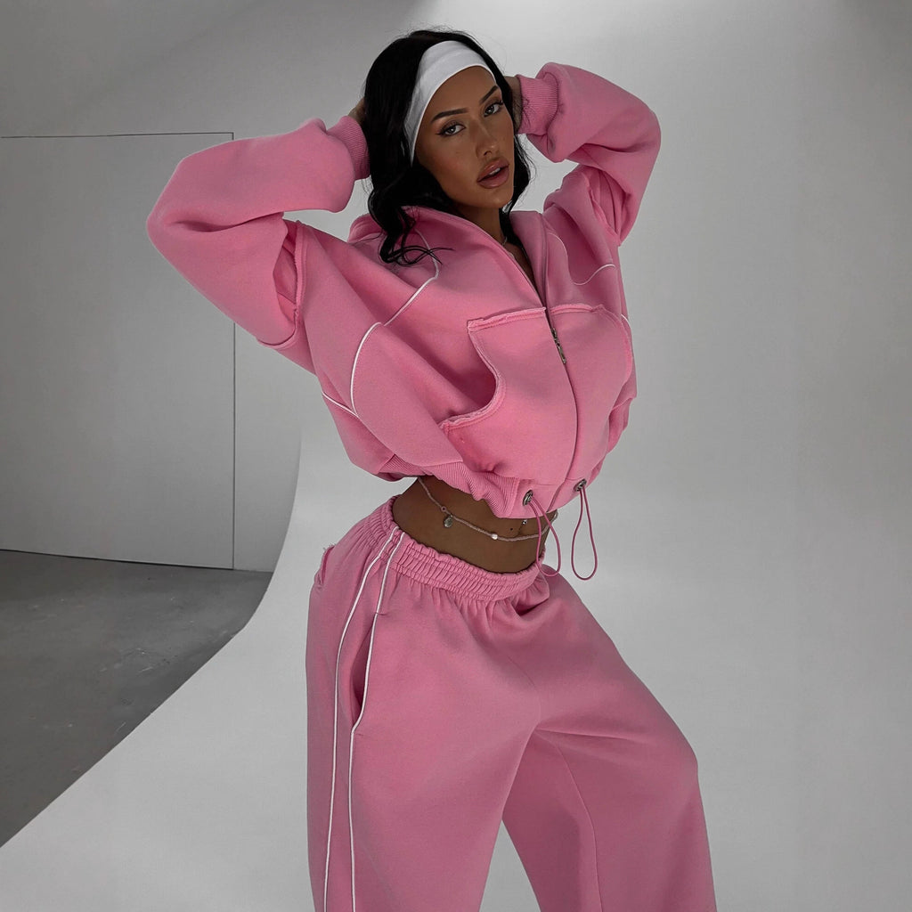 Athleisure Zip-up Long-sleeve Hoodie And Loose-fitting Sweatpants Set
