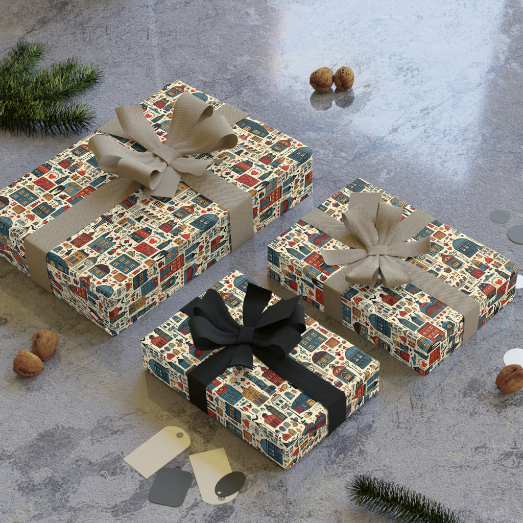 Christmas Village Gift Wrap Roll — Retro Holiday Houses Wrapping Paper