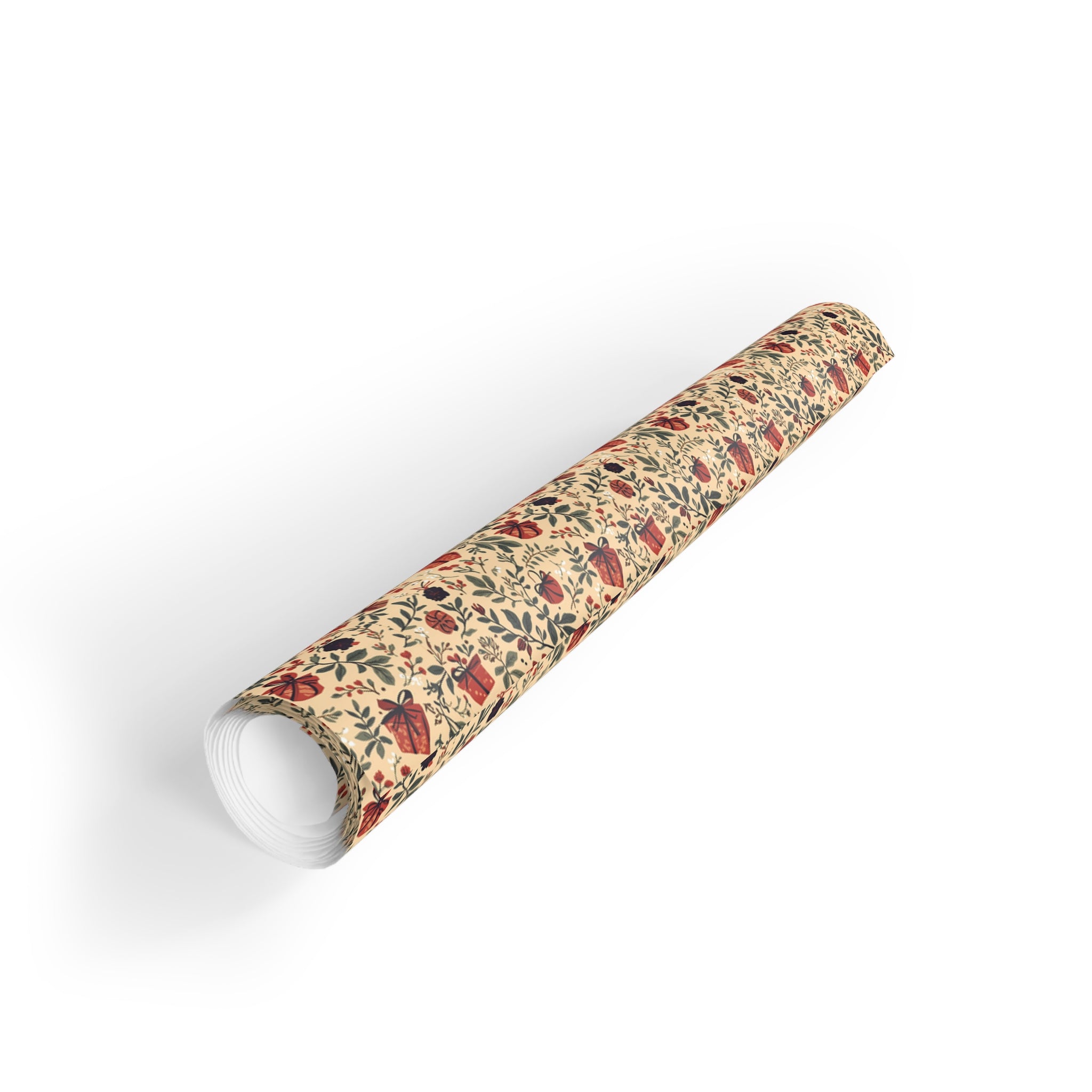 Floral Vintage Gift Wrap Roll — Red Rose & Green Leaf Pattern
