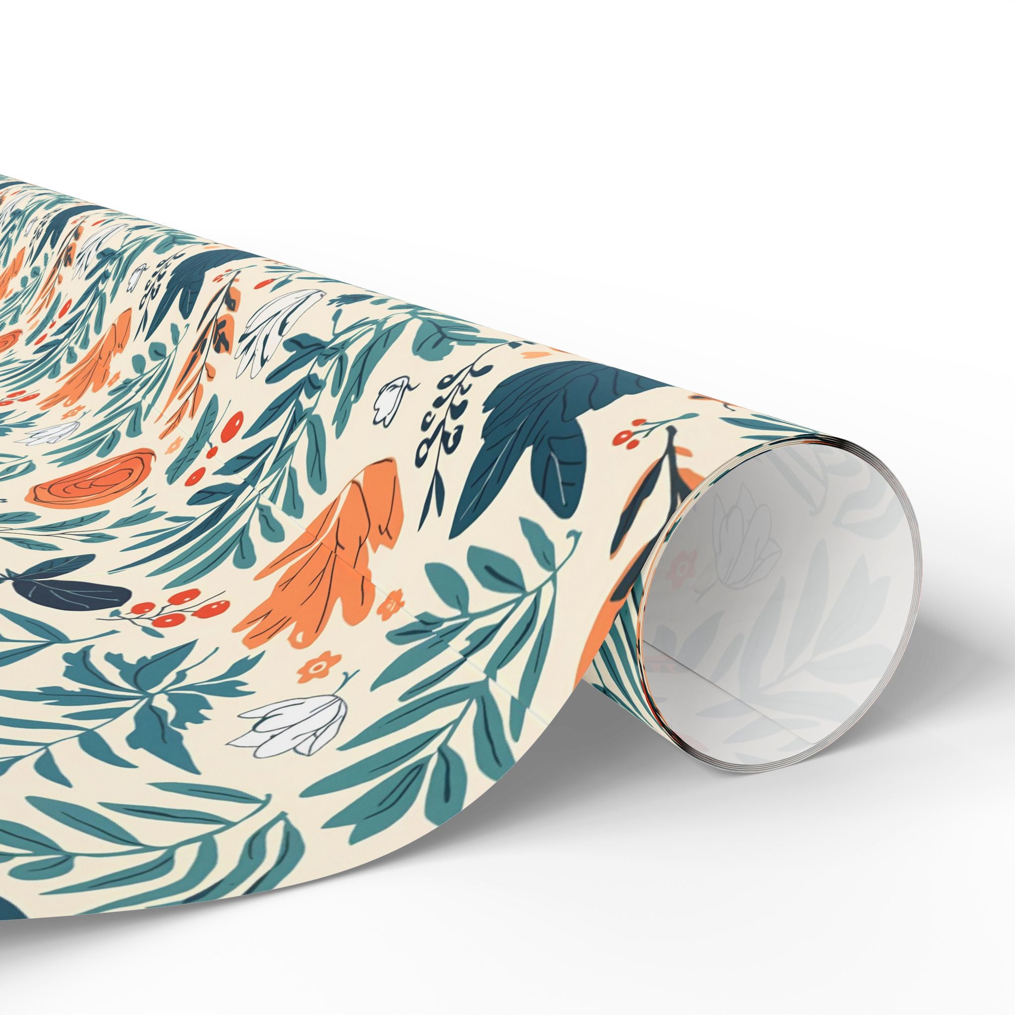 Floral Foliage Gift Wrap — Botanical Orange & Teal Wrapping Paper