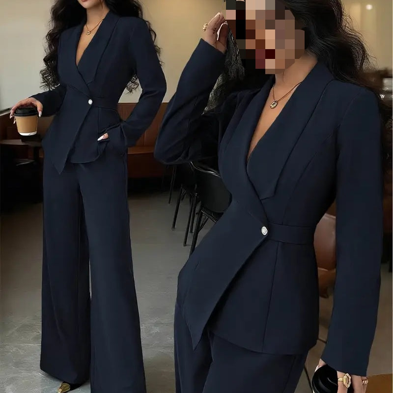 Women's 2-Piece Pants Suit, Long Sleeve Blazer & Straight Pant Casual Office Set