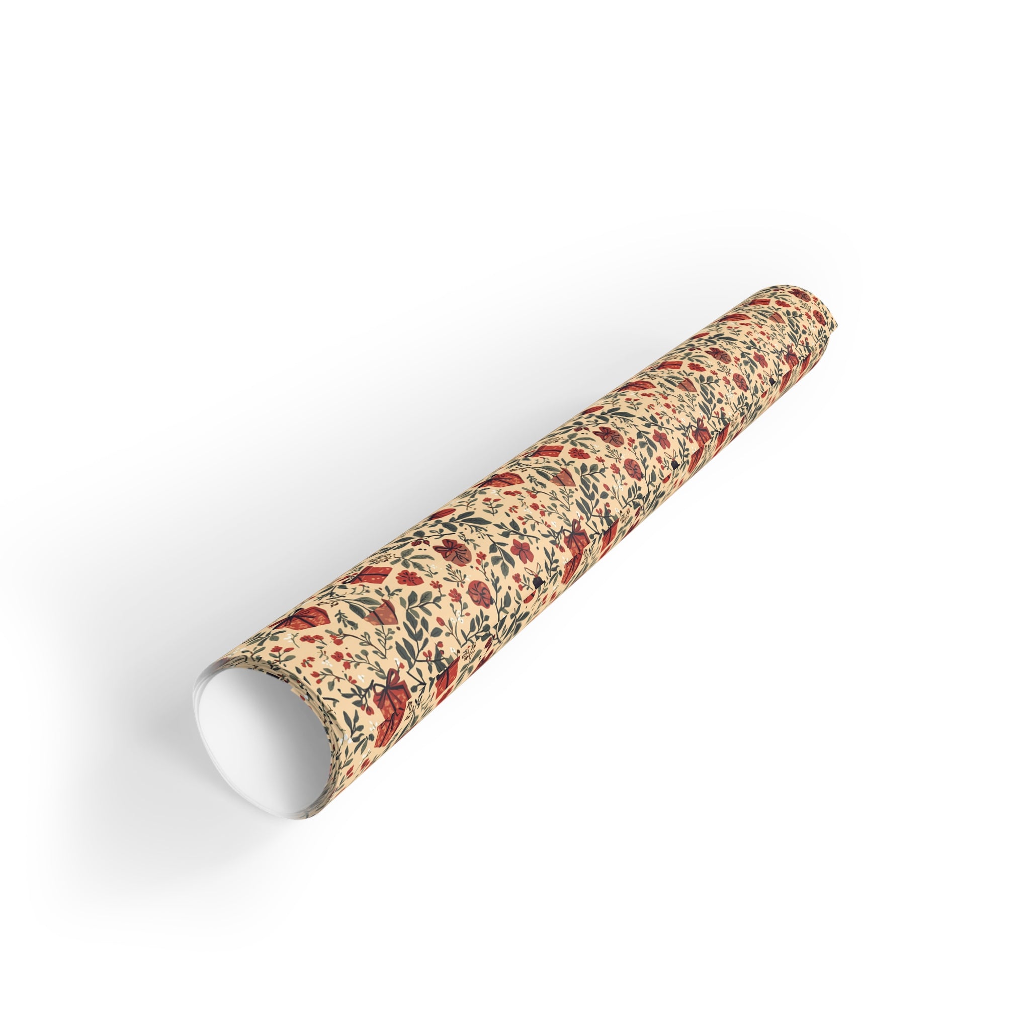 Floral Vintage Gift Wrap Roll — Red Rose & Green Leaf Pattern