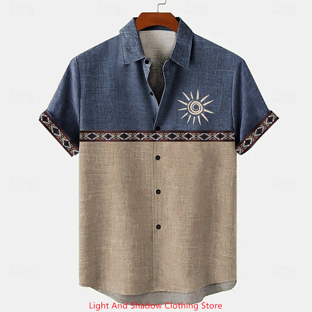 Short-sleeve Patterned Shirt With Printed Buttons And Short-sleeve Patchwork