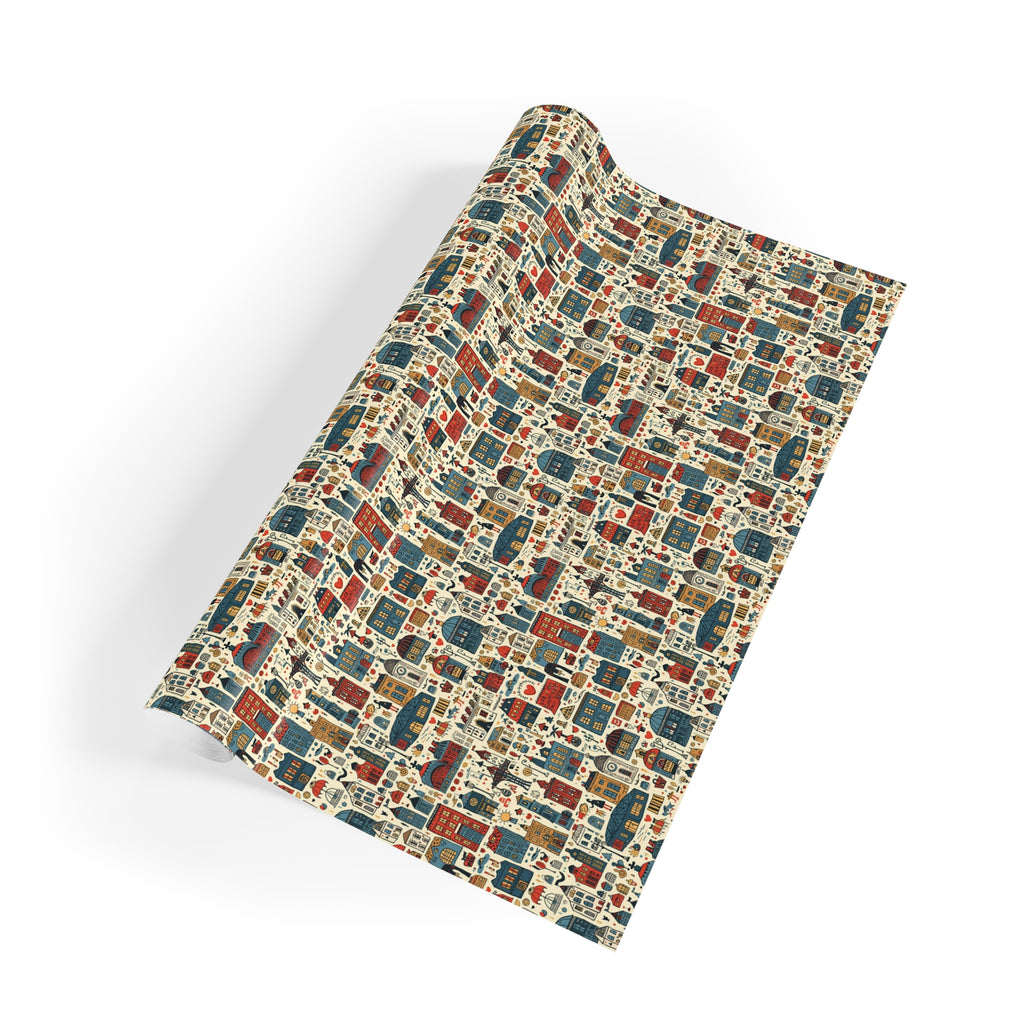 Christmas Village Gift Wrap Roll — Retro Holiday Houses Wrapping Paper