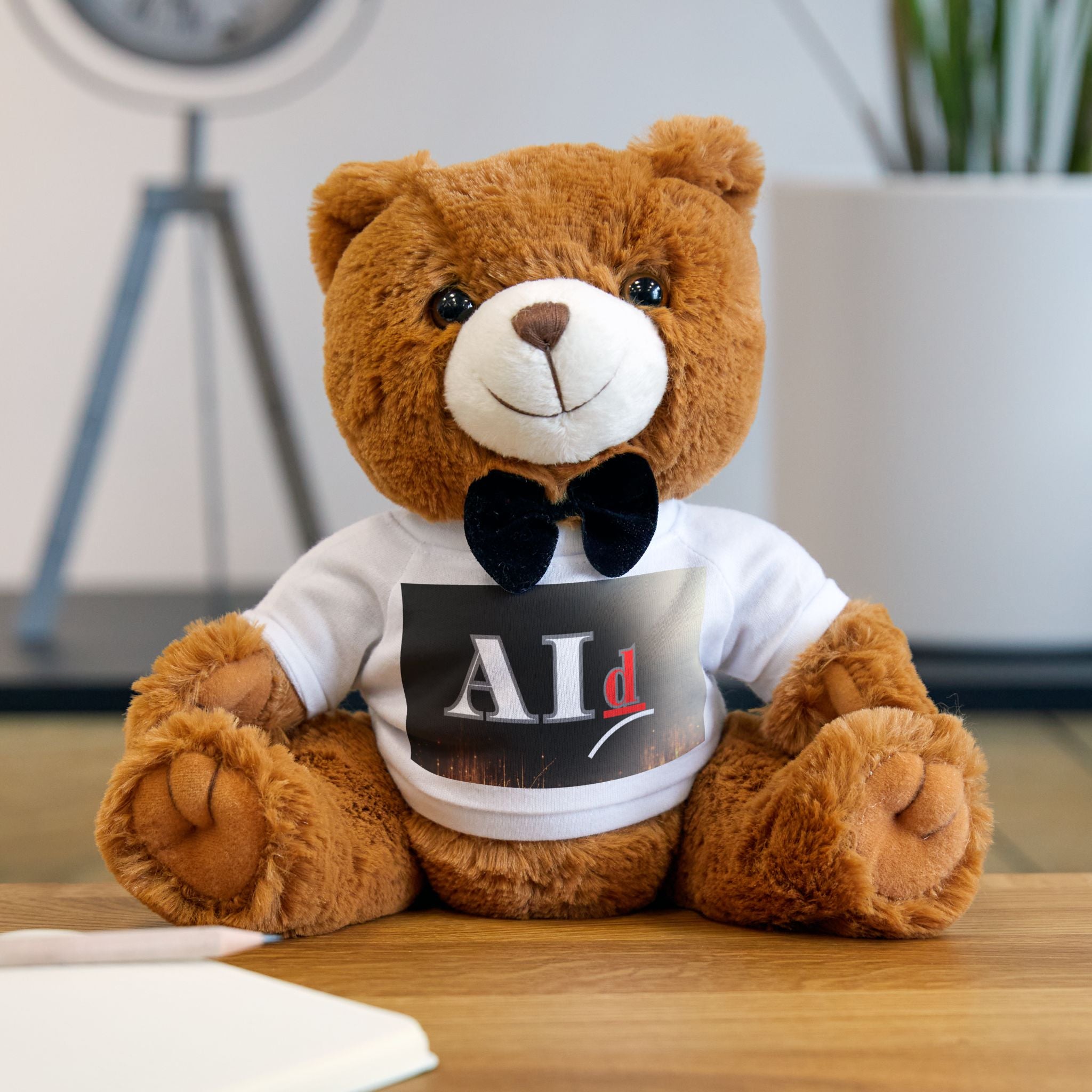 AI-Themed Brown Teddy Bear with Personalized T‑Shirt & Bow Tie — Custom Message Plush Gift for Anniversaries, Baby Showers & Kids
