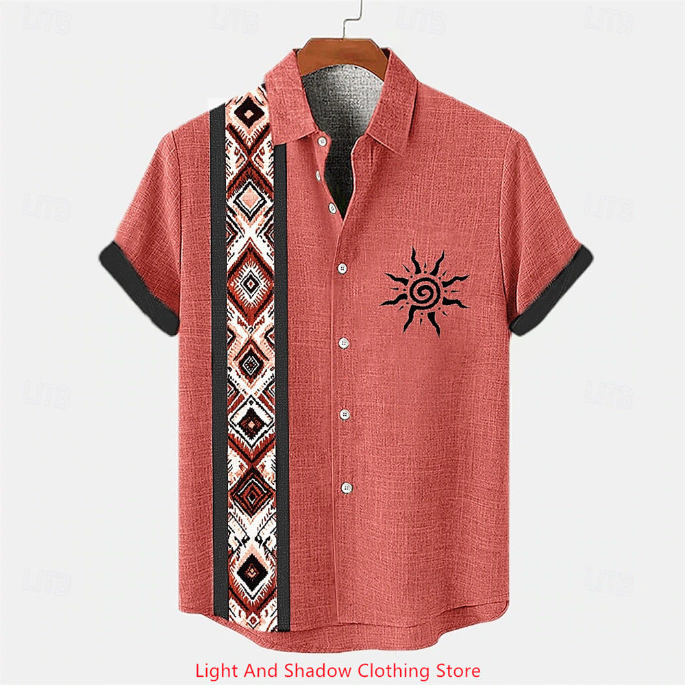 Short-sleeve Patterned Shirt With Printed Buttons And Short-sleeve Patchwork