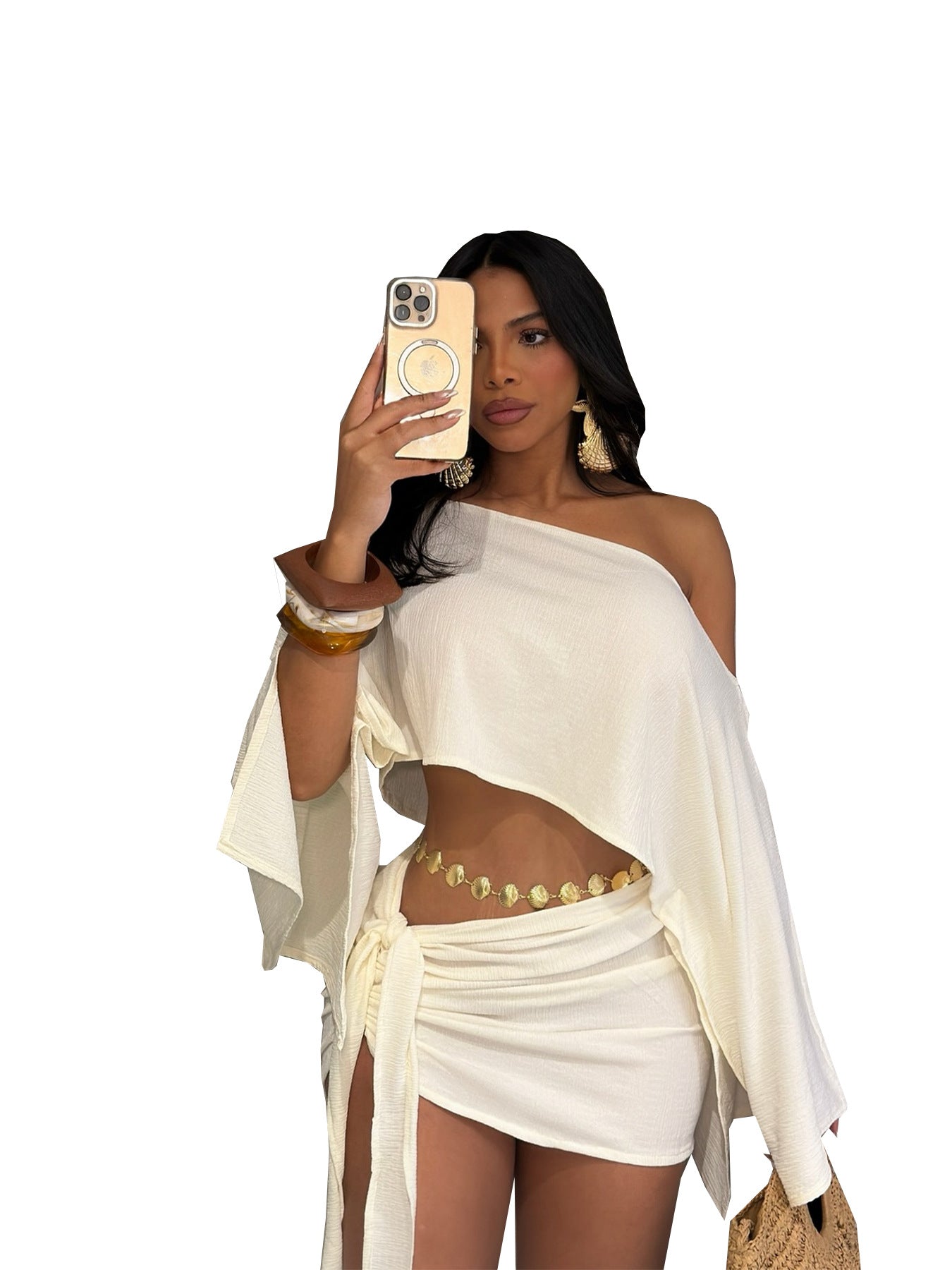 Off-shoulder Top And Tie-front Bodycon Skirt Set