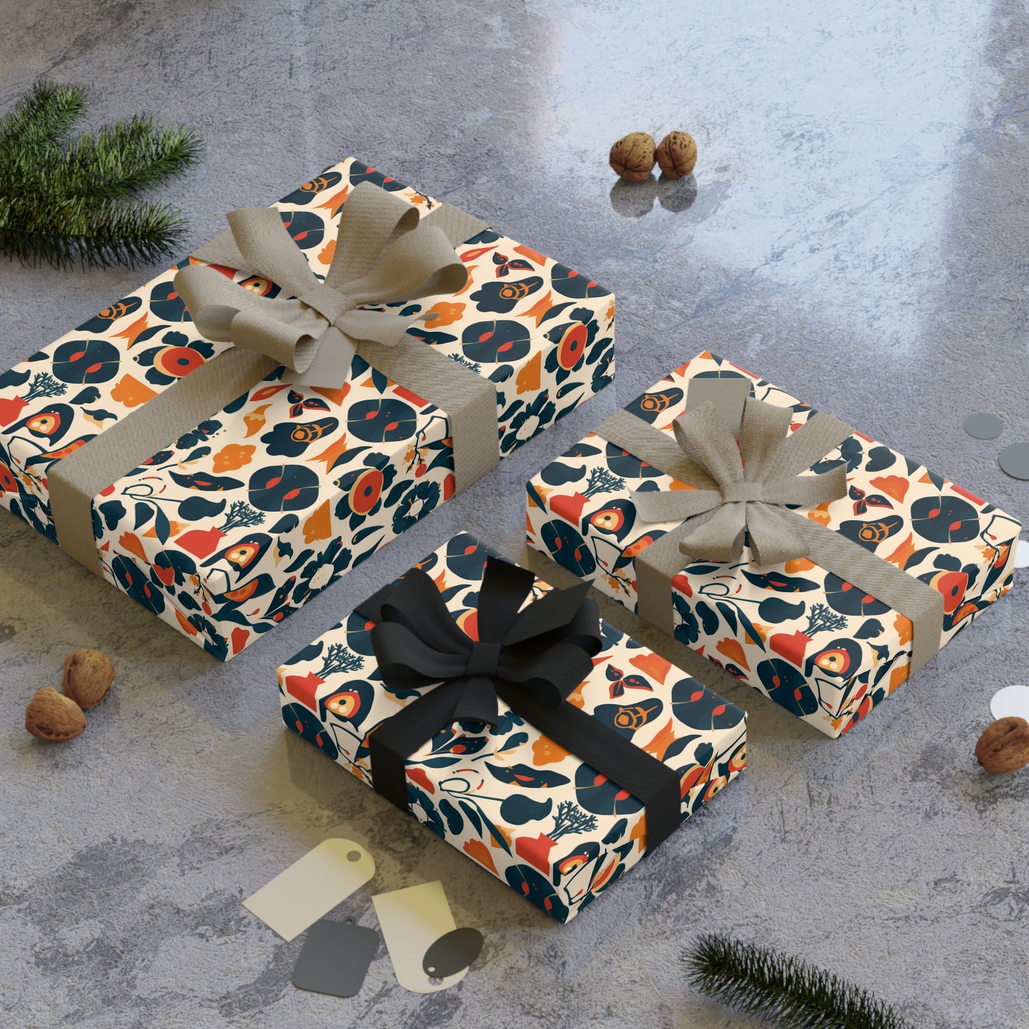 Floral Folk Art Gift Wrap Roll — Retro Orange & Navy Wrapping Paper