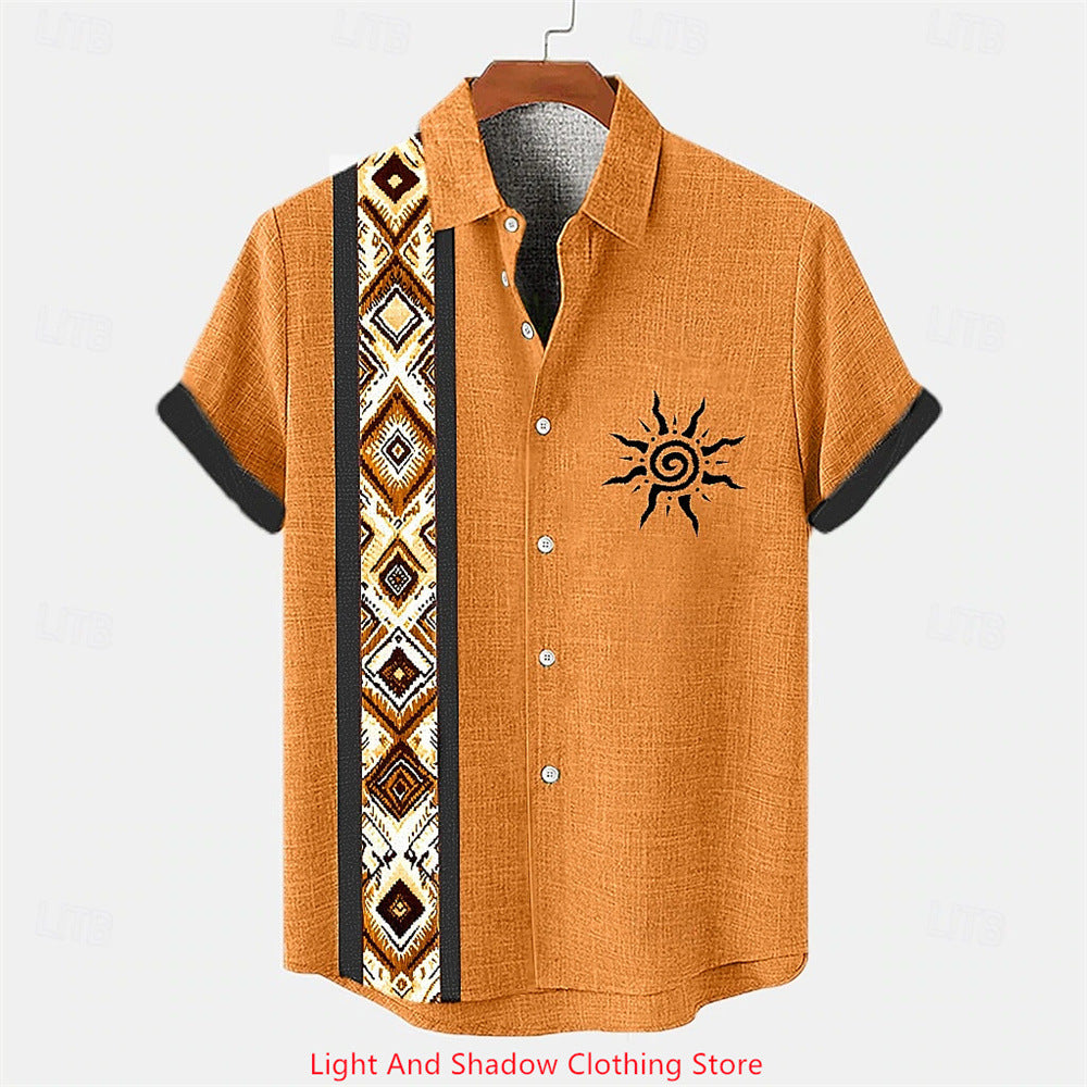 Short-sleeve Patterned Shirt With Printed Buttons And Short-sleeve Patchwork