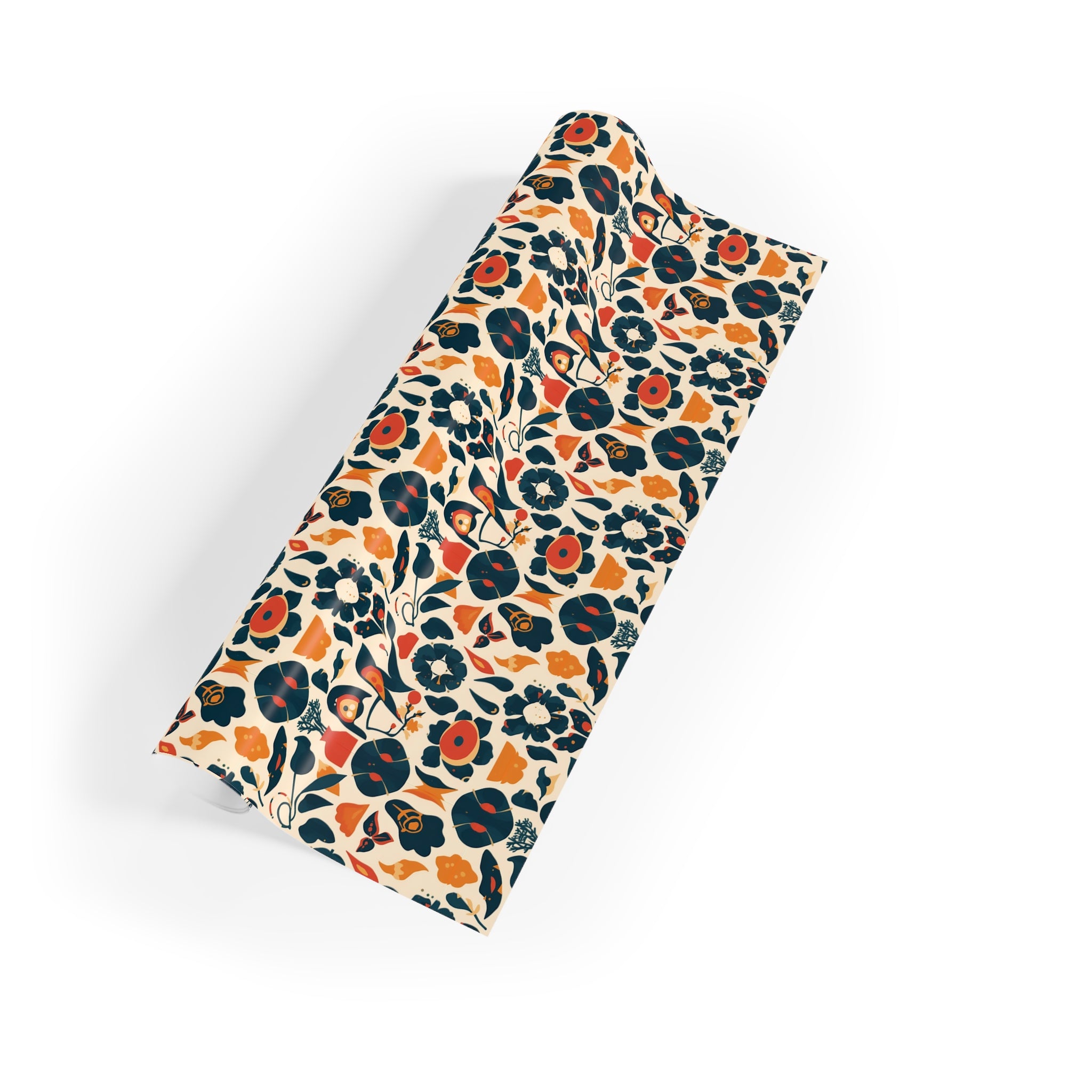 Floral Folk Art Gift Wrap Roll — Retro Orange & Navy Wrapping Paper