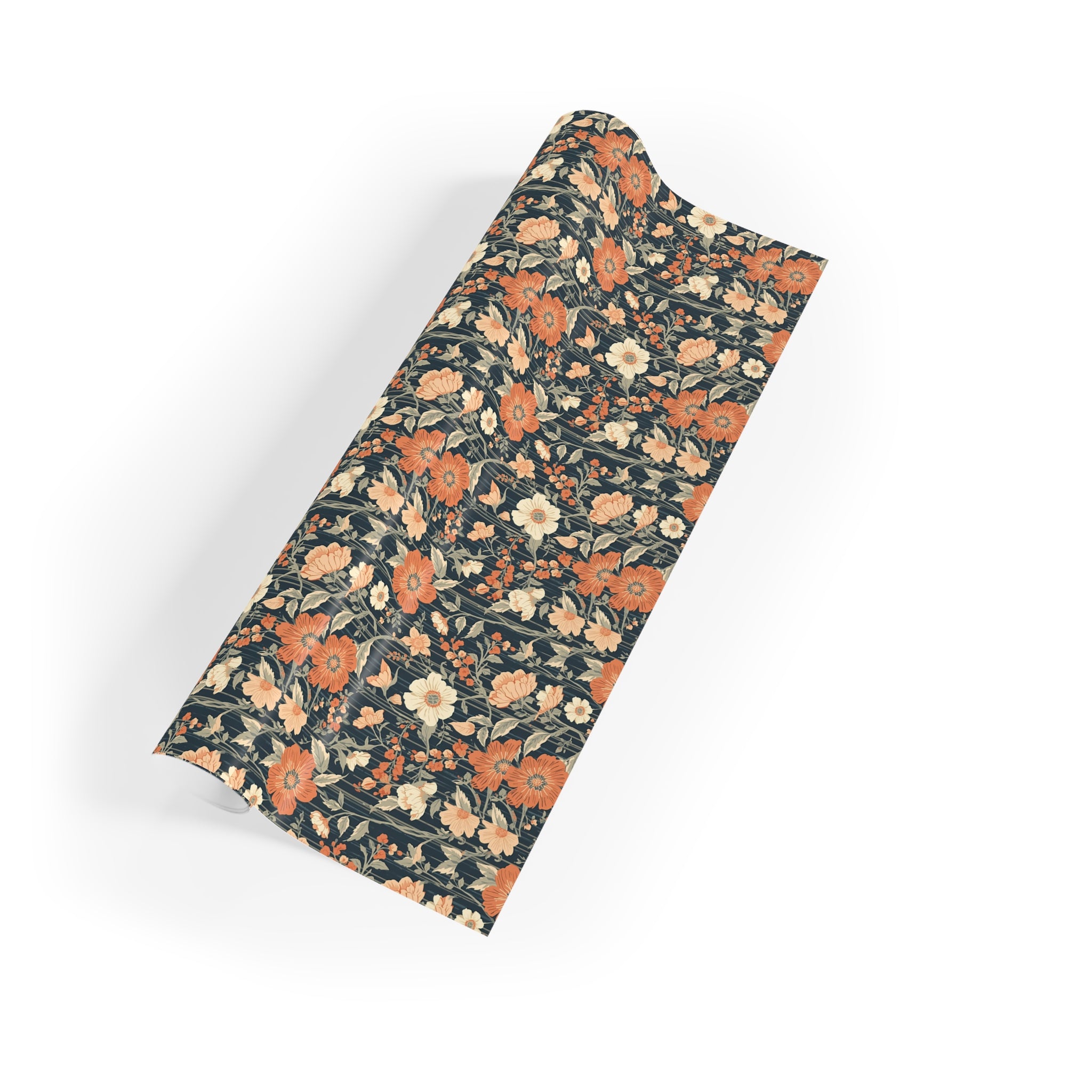Floral Vintage Gift Wrap Roll — Retro Orange & Navy Flower Pattern