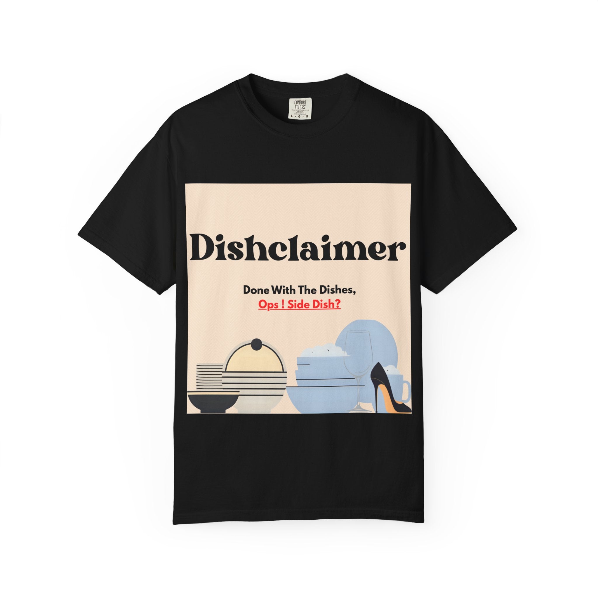 Dishclaimer graphic T-shirt | retro kitchen dishes illustration