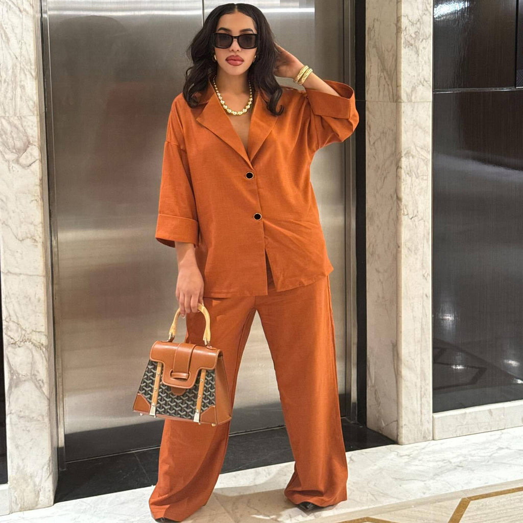 Two-piece Set Loose-fitting Single-breasted Shirt With A Lapel Collar And High-waisted Straight-leg Pants