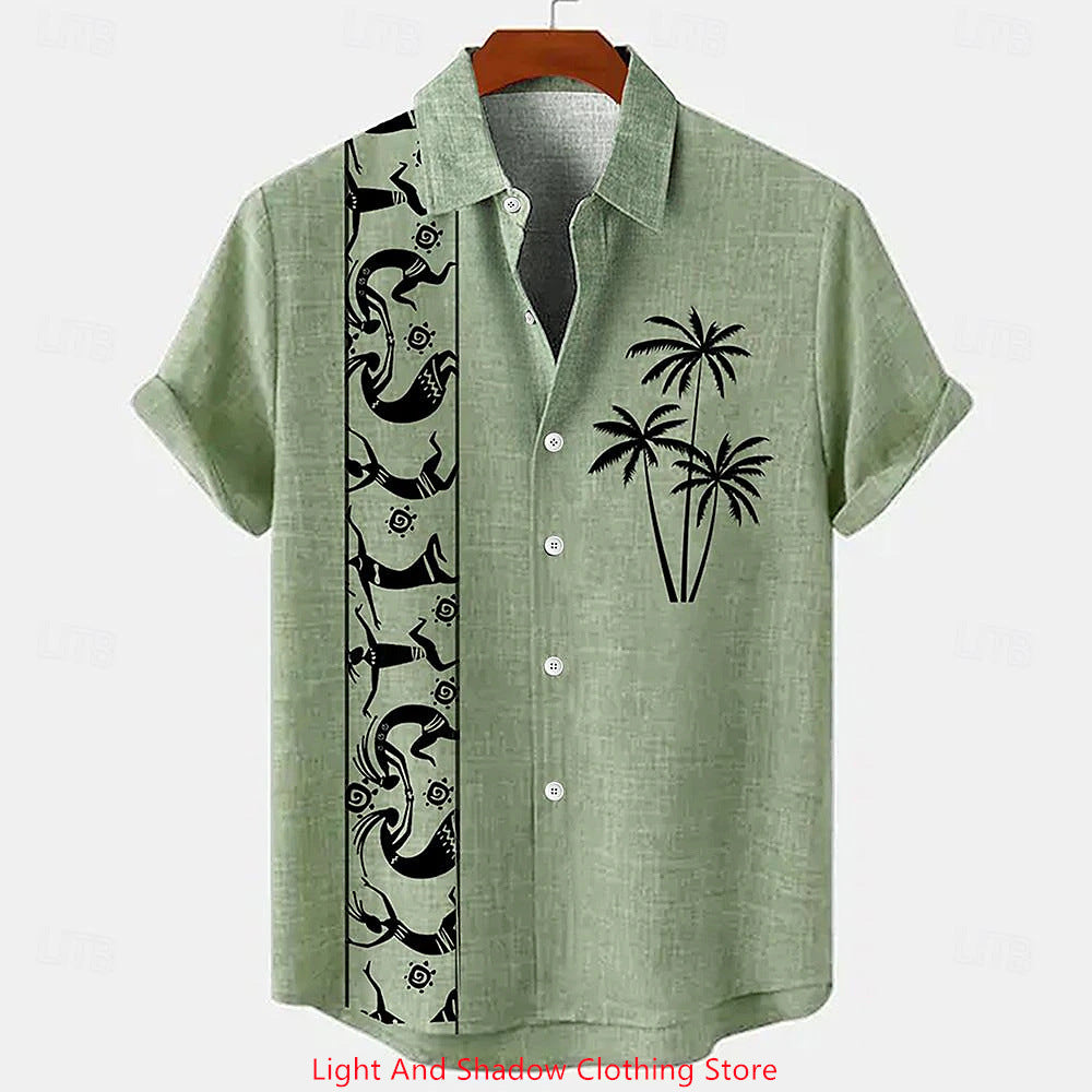 Short-sleeve Patterned Shirt With Printed Buttons And Short-sleeve Patchwork