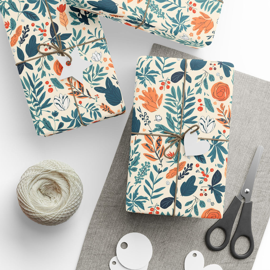 Floral Foliage Gift Wrap — Botanical Orange & Teal Wrapping Paper