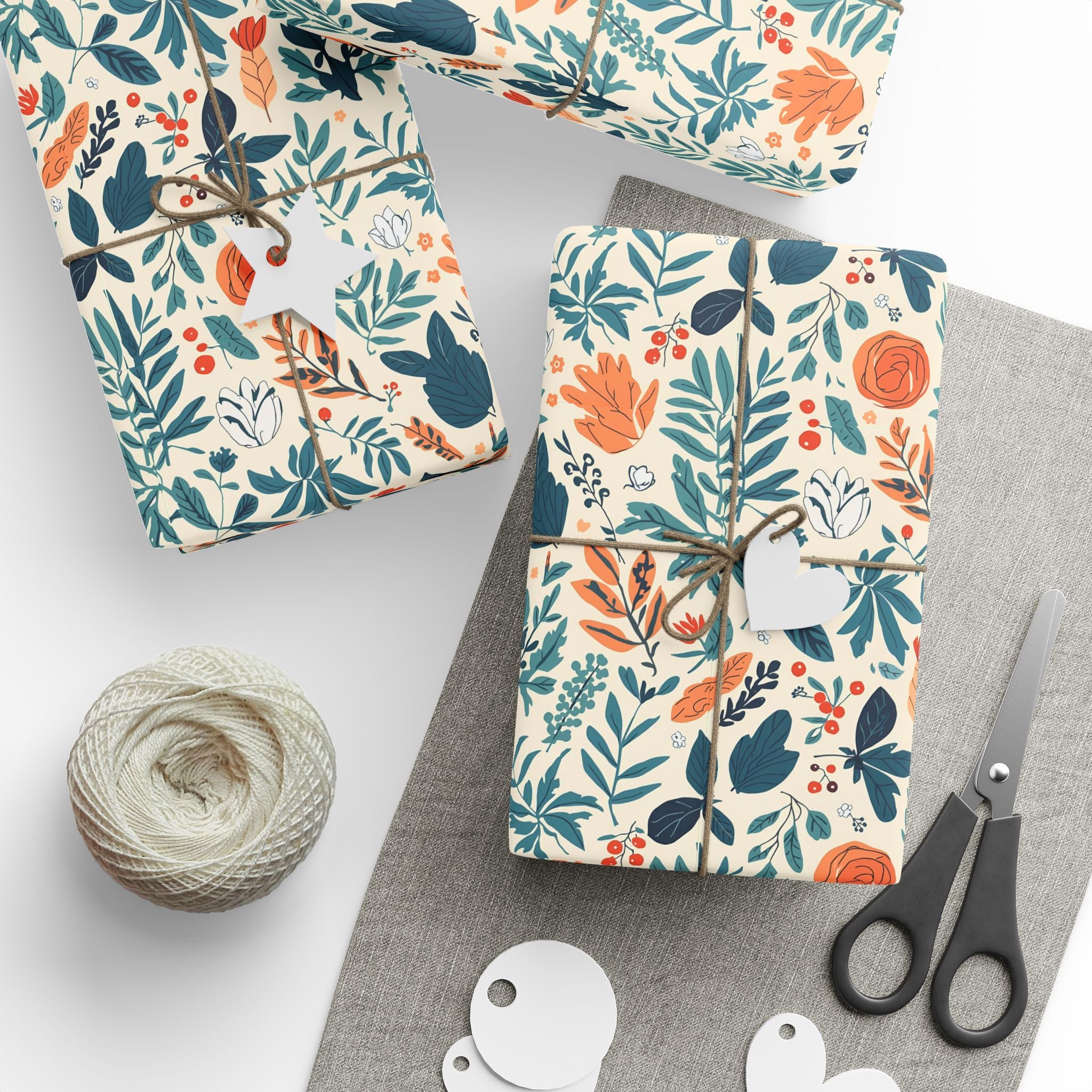 Floral Foliage Gift Wrap — Botanical Orange & Teal Wrapping Paper