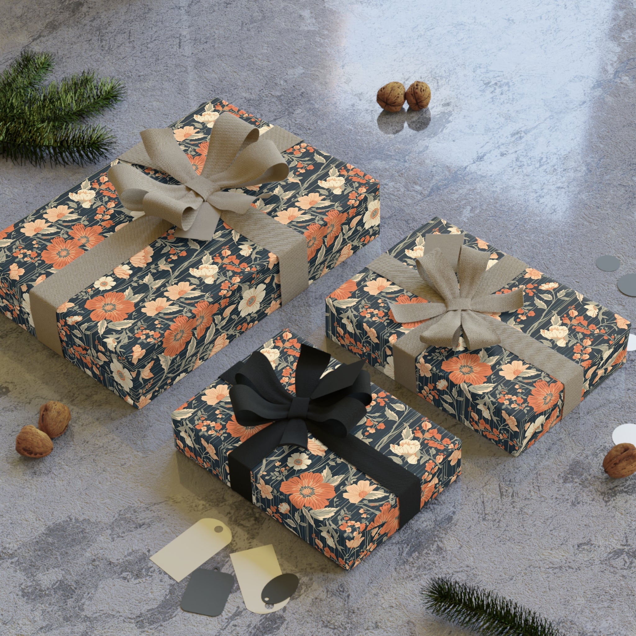Floral Vintage Gift Wrap Roll — Retro Orange & Navy Flower Pattern