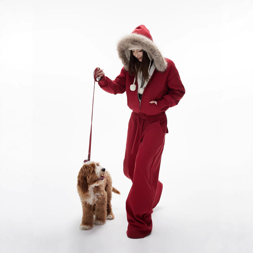 Women's Red Hooded Eco-Friendly Fleece-Lined Sweater Set With Faux Fur Collar