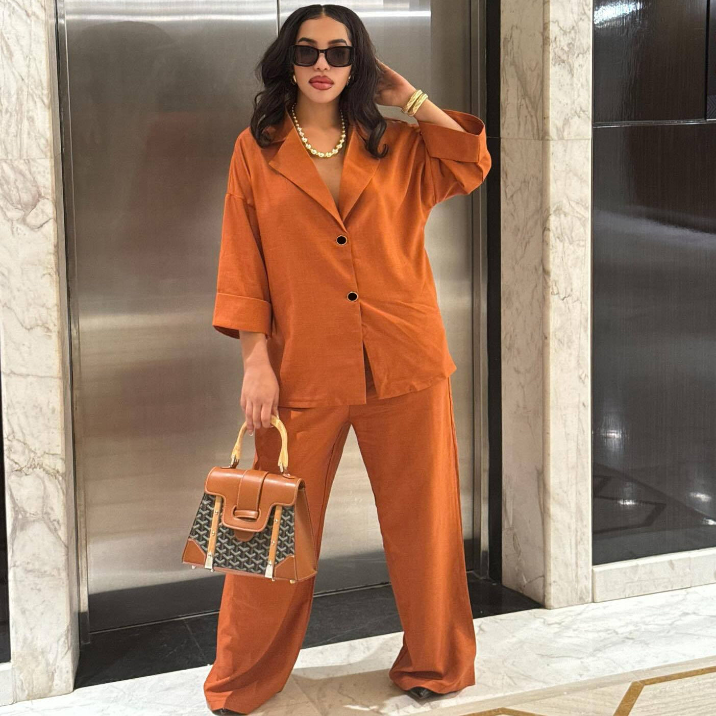 Two-piece Set Loose-fitting Single-breasted Shirt With A Lapel Collar And High-waisted Straight-leg Pants