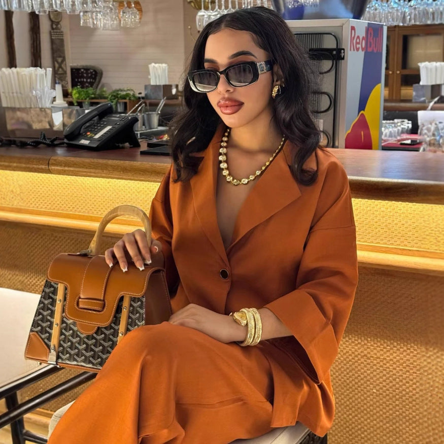 Two-piece Set Loose-fitting Single-breasted Shirt With A Lapel Collar And High-waisted Straight-leg Pants