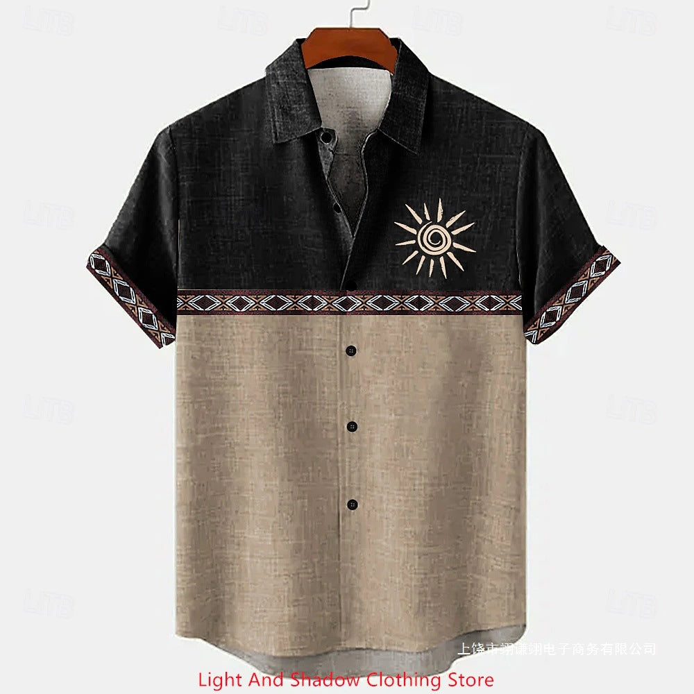 Short-sleeve Patterned Shirt With Printed Buttons And Short-sleeve Patchwork