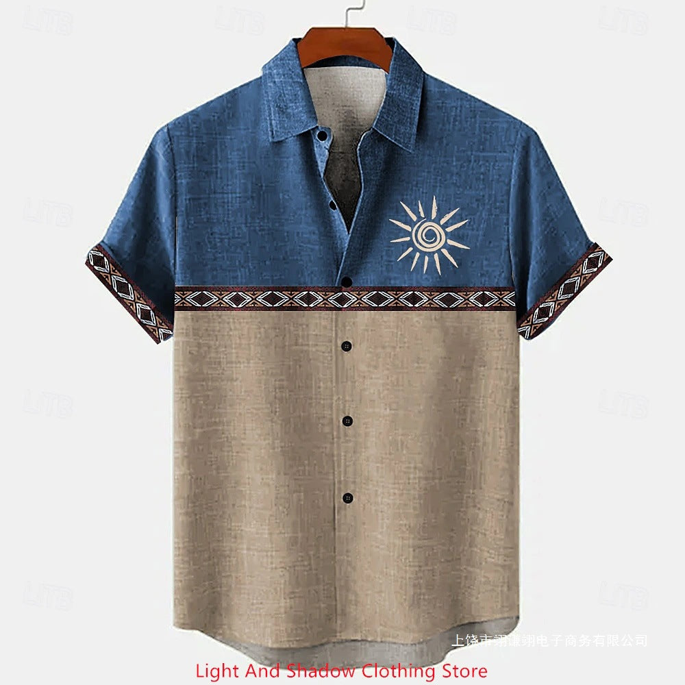 Short-sleeve Patterned Shirt With Printed Buttons And Short-sleeve Patchwork