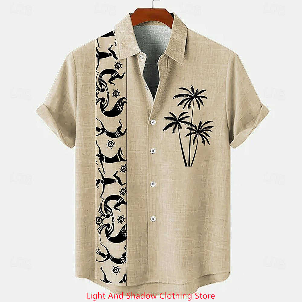 Short-sleeve Patterned Shirt With Printed Buttons And Short-sleeve Patchwork