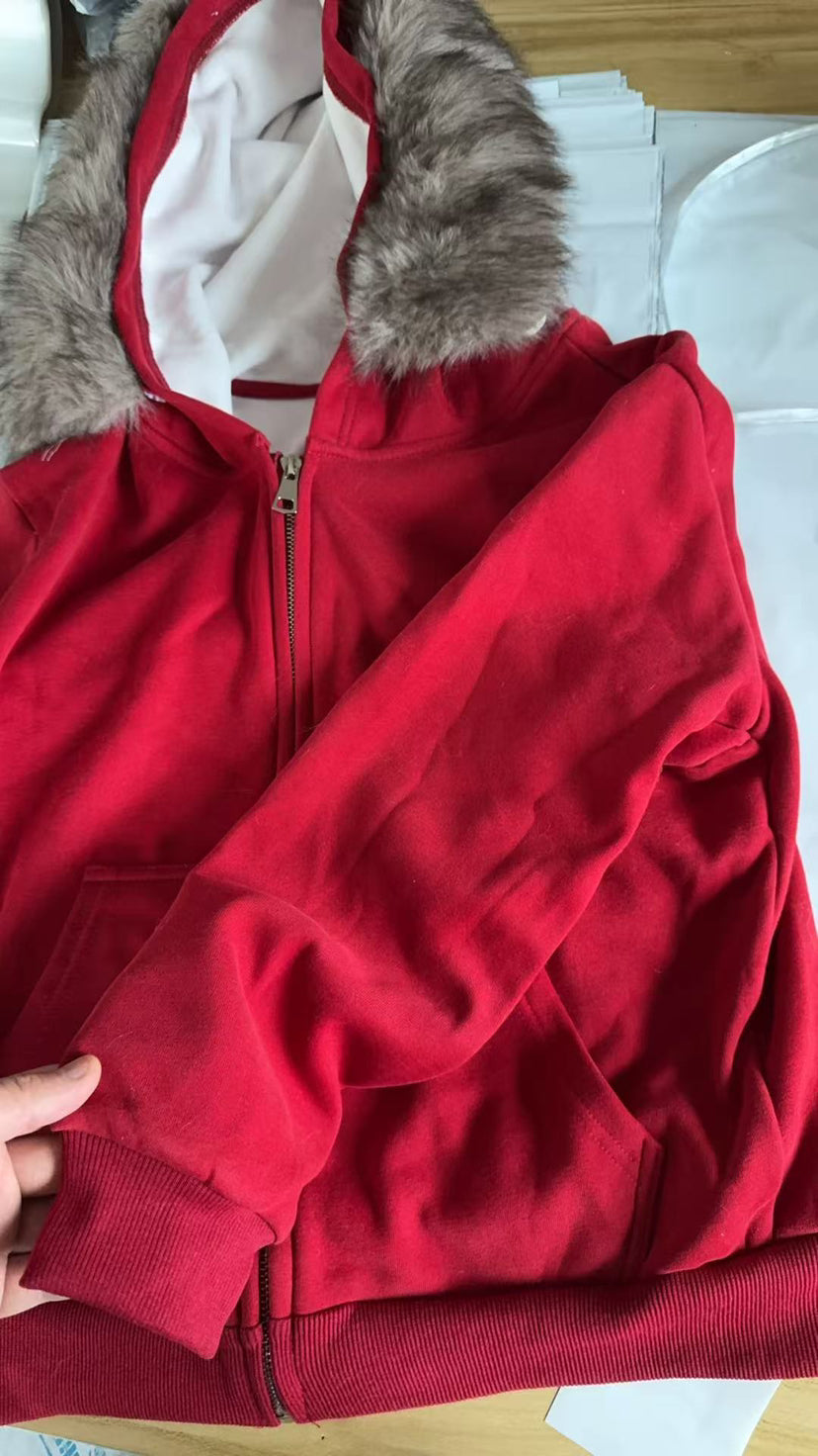 Women's Red Hooded Eco-Friendly Fleece-Lined Sweater Set With Faux Fur Collar