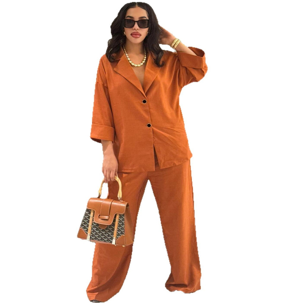 Two-piece Set Loose-fitting Single-breasted Shirt With A Lapel Collar And High-waisted Straight-leg Pants