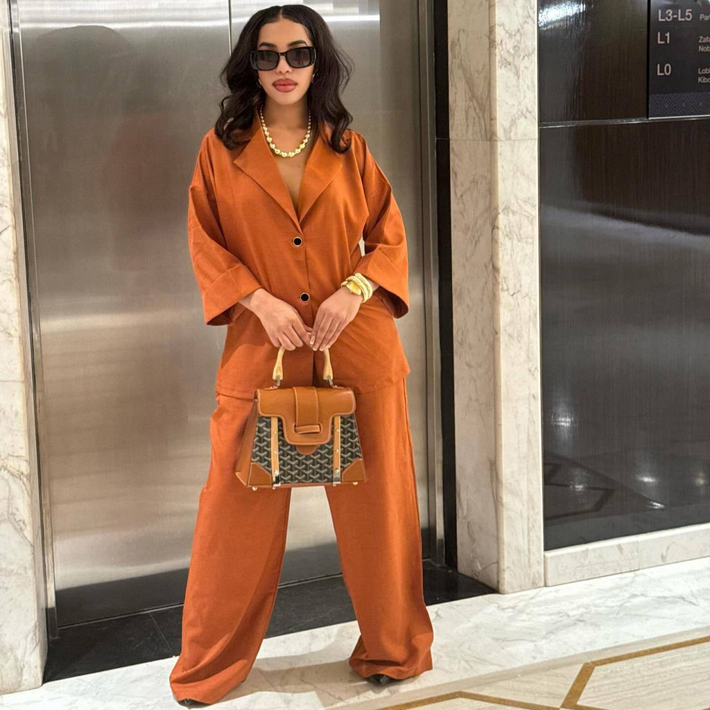 Two-piece Set Loose-fitting Single-breasted Shirt With A Lapel Collar And High-waisted Straight-leg Pants